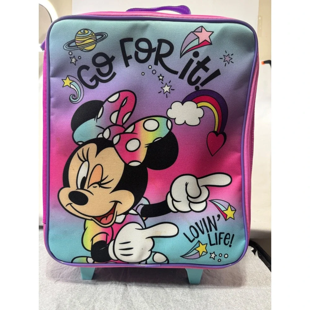 Disney Minnie Mouse Rolling Suitcase Kids Rainbow Ombre Travel Bag 14x12x5 Pink